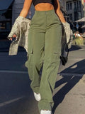 GETADME Women's Plain High Waist Cargo Pants, Street Fashion Casual Pocket Button Trousers for Daily Wear, Ladies Bottoms for All Season