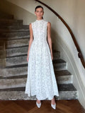 GETADME Women Elegant White Lace Pleated Long Dresses 2025 Spring New High Collar Sleeved Wrapped Waist Dress Fashion Lady Wedding Robes