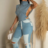 GETADME High Street Clubwear Denim Top Ladies Turtleneck Sleeveless Buckle Hollow Out Lace Up Femme Slim Fashion Trendy T-shirts 2025