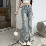 GETADME Korean Streetwear Casual Wide Leg Trousers Y2K Vintage High Waist Flare Jeans Women Fashion Bandage Slit Slim Denim Pants Summer