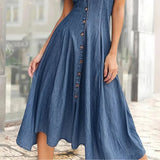 GETADME Solid Color Women's Casual Loose Denim Short Sleeved Long Slit Shirt Dress with Shoulder Sleeves and Button Up Dress