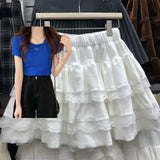 GETADME 가을/겨울 하이웨이스트 슬리밍 화이트 벌룬 스커트 여성용 레이스와 신축성 허리 밴드 미니 드레스