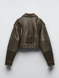 Getadme Women Vintage Loose Pu Faux Leather Short Jacket with Belt Streetwear Female Zipper Retro Moto Biker Coat Outwear Tops