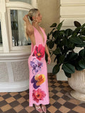 GETADME Nibber Backless Flower Print Dress Women Sleeveless Lace-Up Tassel Halter Folds Patchwork 2025 Beach Vacation Party Vestidos