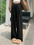 GETADME Spring  Women Wide Leg Pants Casual Comfortable Elastic Waist Solid Relaxed Fit Drawstring Trousers