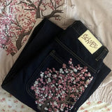 GETADME Gothic Sakura Jeans Y2K Clothes Men Women Harajuku Casual Sakura Embroidery Vintage Black Baggy Jean High Waist Wide Leg Trouser