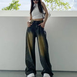 Getadme-Korean Fashion High Waist Denim Trousers Women Vintage Washed Do Old Loose Wide Leg Jeans Female Baggy Y2K Cowboy Pants