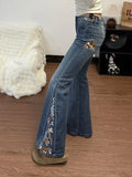 GETADME 2025 Trend Y2K Style Flowers Embroidery Slim Women's Flared Jeans Pants For Woman Clothing Washed Blue Denim Trousers Ropa Mujer