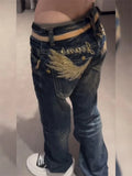 GETADME American Personalized Gold Wing Embroidered Jeans Children's 2025 Spring Hot Girl Design Sense Low Waist Micro Flared Pants