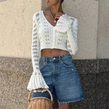 GETADME Trendix 여성용 여름 니트 긴팔 카디건 V넥 솔리드 바디콘 홀로우 아웃 숏 탑 파티 클럽 슬림 베케이션 탑 여성