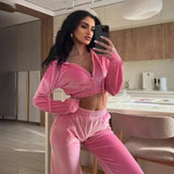 GETADME 투피스 팬츠 세트 여성 후드 지퍼 두꺼운 짧은 스웨트셔츠 코트 포켓 긴팔 크랩 탑 신축성 허리 팬츠 정장