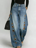 GETADME Women's High Waist Straight Leg Jeans Metal Ring Hollow Denim Pants Baggy Autumn Casual Long Jeans with Pockets Street Style