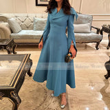 GETADME 여성용 우아한 파티 드레스 티 렝스 A라인 긴팔 모던 이브닝 가운 맥시 V넥 라이트 블루 웨딩 게스트 드레스