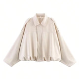 GETADME HH Women Brown Green Suede Jacket Loose Casual Bomber Coat Lapel Zipper Long Sleeve Jackets Vintage Lady Motorcycle Outwears