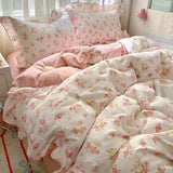 GETADME Ruffles Bedding Set Floral Style Duvet Cover Pillowcase with Bedsheet Skin-friendly Bed Linen Set Girls Room Bedclothes 이불세트