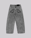 GETADME 90s Retro Street Embroidery Jeans Male  R&B Solid Color Loose Straight Pants Female Y2K Harajuku Hip Hop  Punk Style  Men Jeans