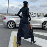 GETADME Elegant Ruffles Detail Split Hooded Maxi Dress for Women Autumn Winter Long Sleeve Bodycon Dresses Rave Festival Dress 2025
