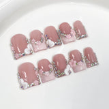 GETADME 10Pcs Pink Handmade Press On Nails Full Cover Bear Heart Design Short Round Rhinestone False Nails Wearable Manicure Nail Tips