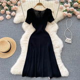 Getadme-Vintage Elegant Short Sleeve Stretch Knit Slim Dress French Fashion Casual Vestidos A-line Basic Autumn Winter Sweater Dresses