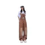 GETADME Retro American Brown Embroidered Bib Overalls Women Loose Straight Leg Jeans Slimming One-Piece Pants High Waist Denim