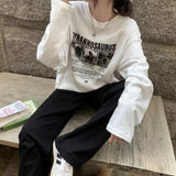 GETADME Retro Letter Print White Long Sve T-irt round Ne Base Layer Women's Korean Sle Cotton Autumn New Arrival