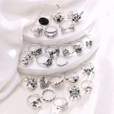GETADME 24Pcs/Set Punk Gothic Rings Sets Silver Color Skeleton Spider Poker Joker Eyes Heart Rings For Men Fashion Hip Hop Jewelry Gifts