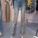 GETADME Women New Comfortable Design Sense Solid Color High Waist Draped Straight Thin Trousers Summer Skeleton Embroidery Denim Slim