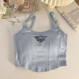 GETADME Women Embroid Letter Tank Tops With Bra Pad Casual Camis Y2K Crop Tops For Women Shoulder Belt Iron Ring Tank Tops