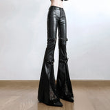GETADME SUCHCUTE PU Leather Flare Pant Goth Buckle Lace Patchwork Pants Women Fashion Y2K Streetwear Vintage Aesthetics Casual Trouesrs