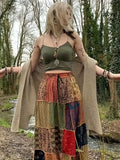 Getadme Plus Size Boho Skirt, Women's Plus Patchwork Floral Print Drawstring Waist Maxi Skirt