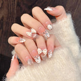 GETADME 10pcs Handmade Press on Nails French Cat Eye Pink Bow Decor Korean False Nails Wearable Full Cover Ins Almond False Nail Tips