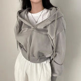 GETADME Korean Hood Shirt Women Fashion Fleece Lined Loose Hoodies Zipper Long Sleeve Crop Tops Harajuku Female Jackets Coats Sweatshirt