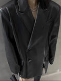 GETADME UNXX Custom Design Zipper Diagonal Button PU Leather Jacket for Women 2025 Autumn Loose Mid-Length Blazer Female Office Lady Top