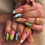 GETADME 24pcs Spring Day Sweet False Nails Cute Pink Flower Star Pearl Designs Press On Nails Stripes French Style Almond Fake Nail