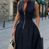 GETADME O Neck Long A-line Dress 2025 Ladies Sleeveless Solid Color Zip Up Commuter High Waist Zipper Maxi Party Dresses