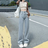 GETADME OUSSYU Woman Jeans High Waist Straight Wide Leg Cotton Denim Clothing Blue Streetwear Vintage Fashion Harajuku Women Trousers
