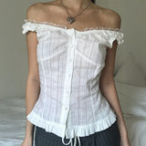GETADME Phantasy Y2K Women Tops White Lace T-Shirt Button Tees Vintage French Style Tops 2025 Spring Summer Tops Female Streetwear