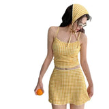 GETADME New 2025 Three-Piece Swimsuit Slimming Cover-Up Holiday Beauty Checkered Pattern Conservative Korean Style Bikini Set