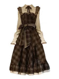 GETADME Fake Two-Piece Dress for Women Long Skirt Slim Fit Waist Cinching Vintage Lolita Plaid Bow New Korean Style Fashion Winter 2025