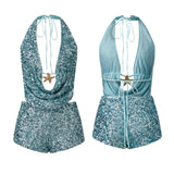 GETADME Women 2 Piece Sequin Short Outfits Sleeveless Halter Open Back Tie Tops Mini Shorts Sets Summer Sexy Club Streetwear New