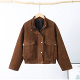GETADME Vintage Brown Suede Women's Jackets Turn Down Collar Long Sleeve Single Breasted Female Pockets Coats 2025 Autumn Ladies Outwear