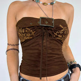 Vintage Brown Embroidery Tube Top Y2K Aesthetics Pullover Strapless Tank Tops Button Up Cutout Design Sleeveless Women
