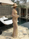 GETADME 2025 Summer Sexy U-neck Bell Sleeve Knit Maxi Dress Women Swimwear Feminine Bikinis Cover-ups Holiday Crochet Beach Dresses K21