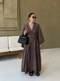 GETADME Fashion Lace Hollow Out Long Dress For Women V-neck Full Sleeve Single Breasted Robe 2025 Summer Elegant Female Casual Dresses