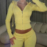 GETADME 레오삭스 패치워크 2피스 세트 트랙수트 여성 지퍼 와이드 허리 크롭 후드 포켓 재킷 + 스포티 팬츠 매칭 캐주얼 베이직 수트