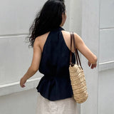 GETADME Linad Street Chic Navy Halter Tank Top For Women Fashion Deep V Neck Lace Up Vest Female Spring Casual Sleeveless Tops 2026