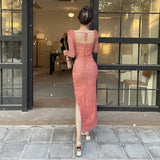 Getadme-Women's Elegant Long Dress 2024 Spring Festival New Extended Version Pink Vintage Casual Lace Mesh Long Sleeve Dresses