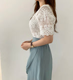 GETADME Sheer Embroidery Lace Blouse Cover Up Top Short Sleeve Button Front Cardigan Women Summer Boho Vacation Outfit