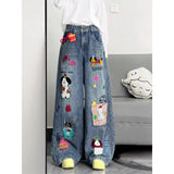 GETADME Retro American Cartoon Floing Embroidery Jeans Men Women Cleanfit Waed Loose Wide Leg Pants Couples Casual Loose Fit