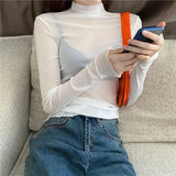 GETADME 섹시 여성 티셔츠 시스루 투명 메쉬 탑 긴팔 시스루 슬림 여성 솔리드 터틀넥 실크 티셔츠 레이스 크롭 탑